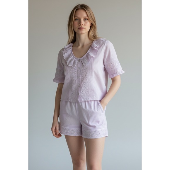 Women's Medium Pink Pajama Set Ruffle Collar Top & Shorts Boho Cottagecore